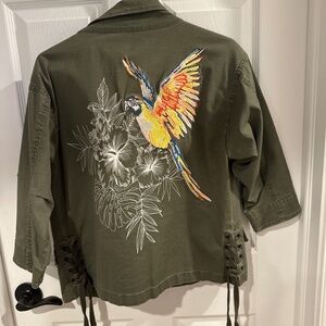 Express utility army style green jacket embroidered parrot zip up or button XS